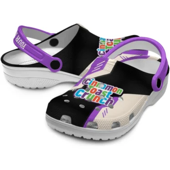 custom cinamon toast crunch bright letters purple black clogs high quality hey clogs