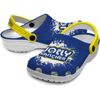 custom jolly rancher logo burst blue yellow clogs high quality hey clogs