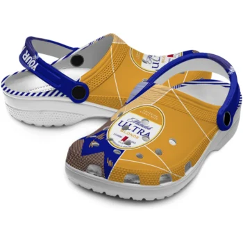 custom michelob ultra striped blocks blue yellow clogs high quality hey clogs