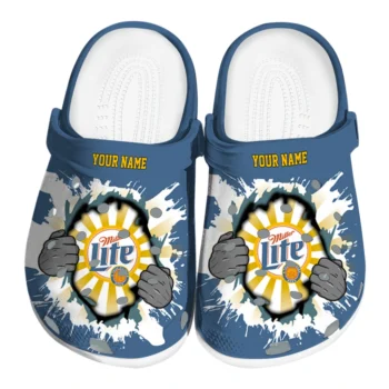 custom miller lite bursting through blue yellow clogs best selling hey clogs