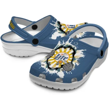 custom miller lite bursting through blue yellow clogs high quality hey clogs