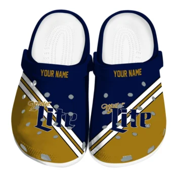 custom miller lite geometric pattern navy gold clogs best selling hey clogs