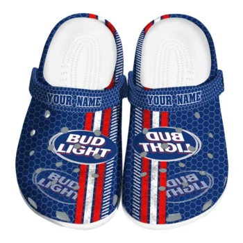 customized bud light stripe accent blue red clogs best selling hey clogs