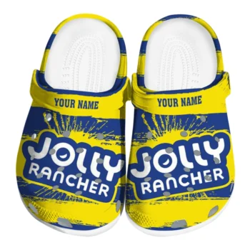 customized jolly rancher logo centered blue yellow clogs best selling hey clogs
