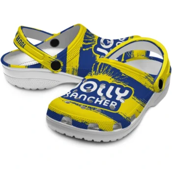 customized jolly rancher logo centered blue yellow clogs high quality hey clogs
