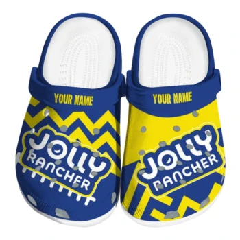 customized jolly rancher logo stripes blue yellow clogs best selling hey clogs