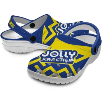 customized jolly rancher logo stripes blue yellow clogs high quality hey clogs