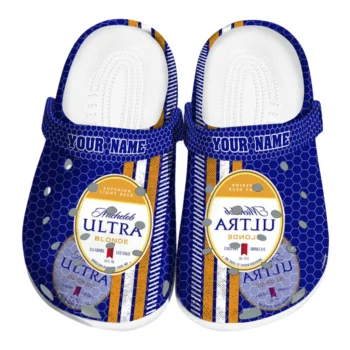 customized michelob ultra oval blue yellow clogs best selling hey clogs