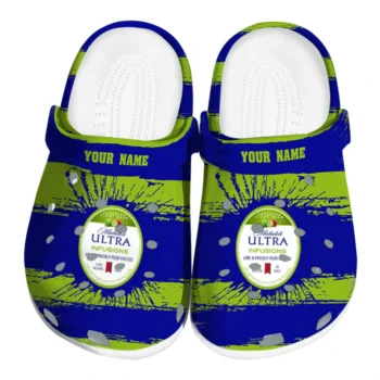 customized michelob ultra title emblem blue green clogs best selling hey clogs
