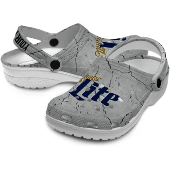 customized miller lite script accent gray black clogs high quality hey clogs