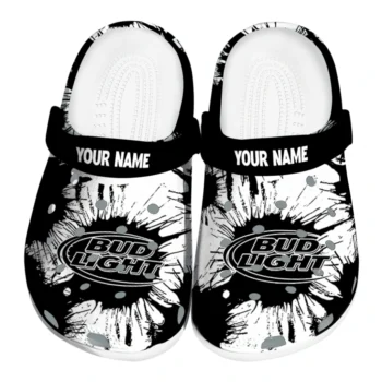 personalized bud light black splash black white clogs best selling hey clogs