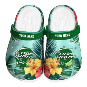 personalized bud light hibiscus paradise green red clogs best selling hey clogs