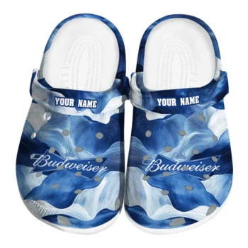 personalized budweiser abstract waves blue white clogs best selling hey clogs