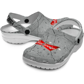personalized budweiser stone bowtie gray red clogs high quality hey clogs