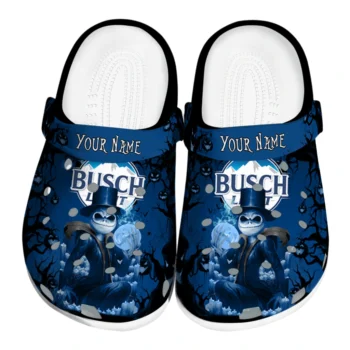 personalized busch light spooky pattern blue black clogs best selling hey clogs