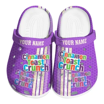 personalized cinamon toast crunch cinnamon logo purple white clogs best selling hey clogs