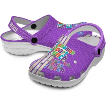 personalized cinamon toast crunch cinnamon logo purple white clogs high quality hey clogs