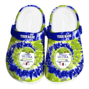 personalized michelob ultra whirl motion blue yellow clogs best selling hey clogs