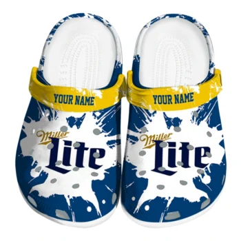 personalized miller lite splatter accent blue white clogs best selling hey clogs
