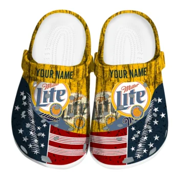 personalized miller lite usa flag yellow blue clogs best selling hey clogs