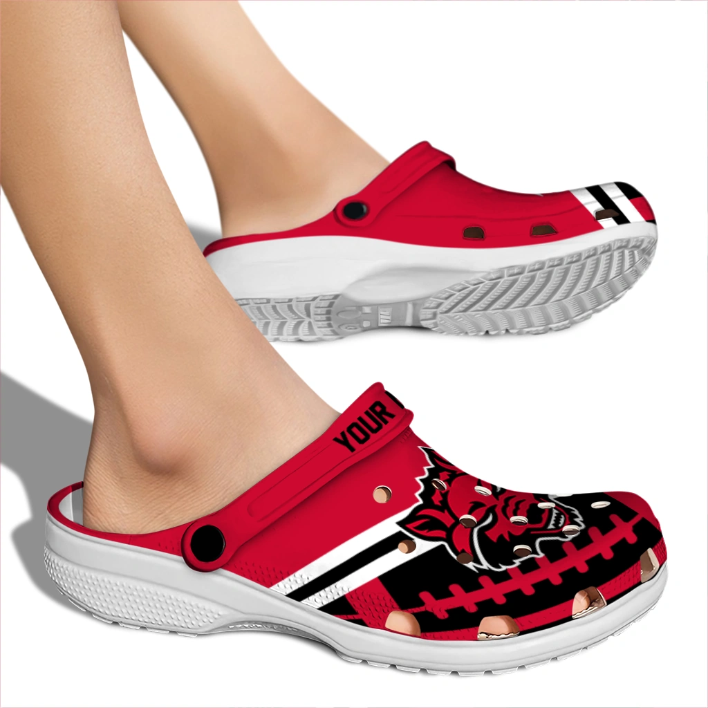 custom-arkansas-state-red-wolves-football-motif-clogs-fashion-forward