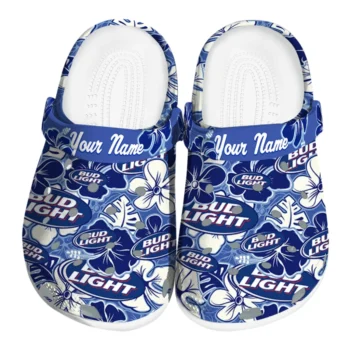 Custom Bud light Tropical Flower Blue White Clogs