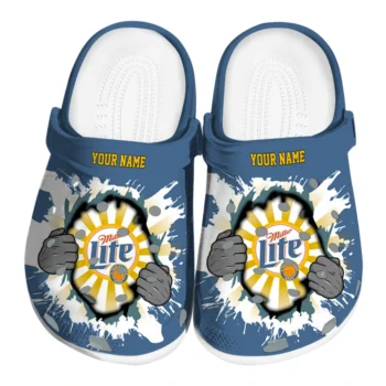 Custom Miller Lite Bursting Through Blue Yellow Clogs