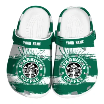 Custom Starbucks Brush Prints Green White Clogs