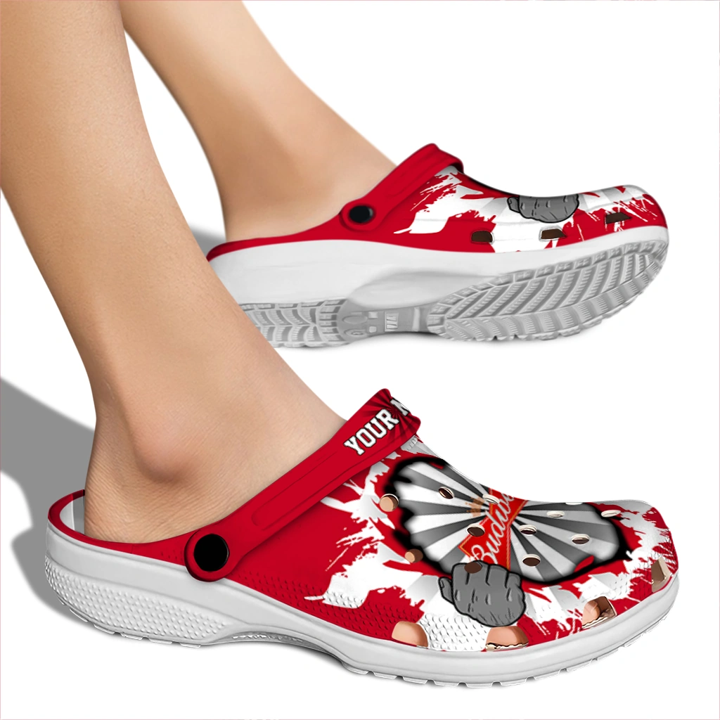 customized-budweiser-dartboard-hands-red-white-clogs-fashion-forward-hey-clogs.webp