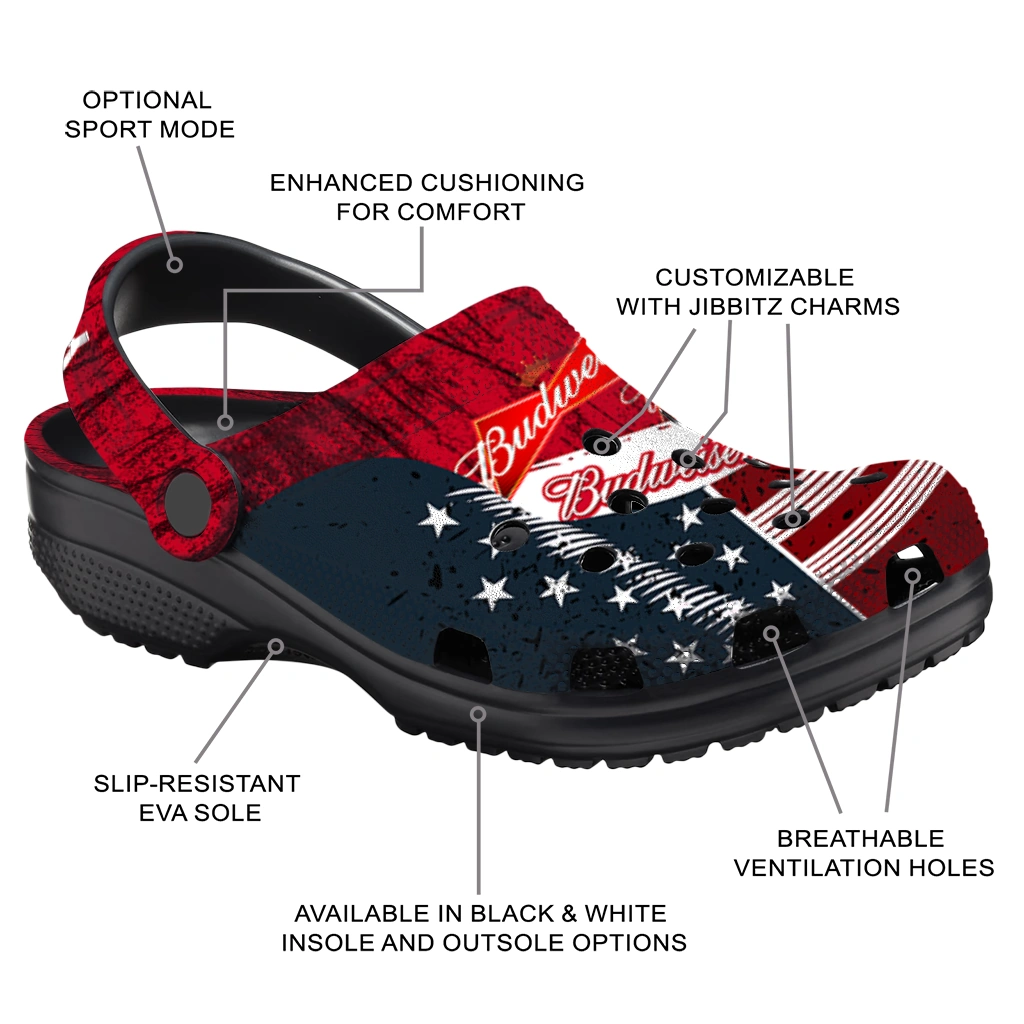 customized-budweiser-usa-flag-red-blue-clogs-new-arrival-hey-clogs.webp
