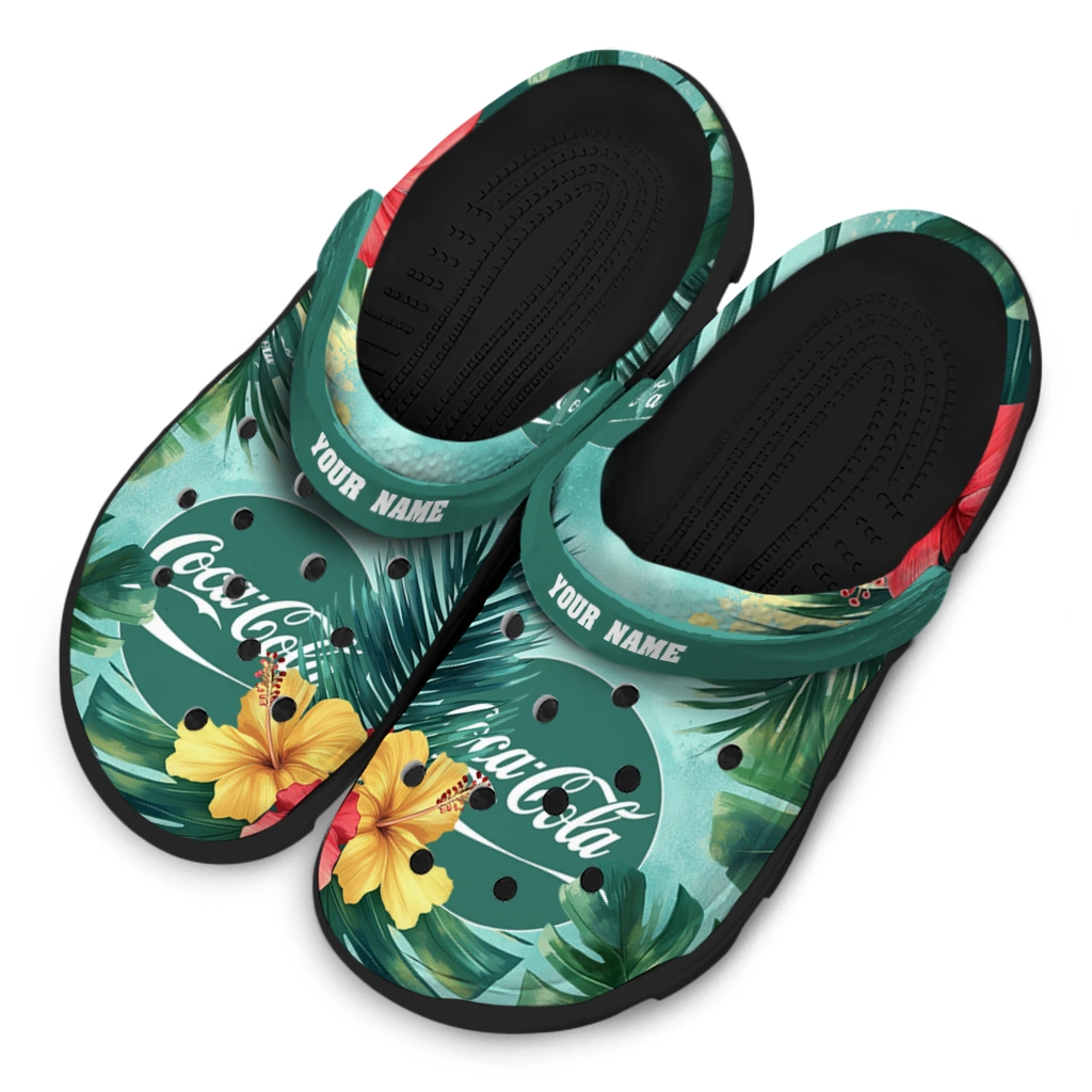 customized-coca-cola-hibiscus-cluster-green-red-clogs-latest-model-hey-clogs.webp