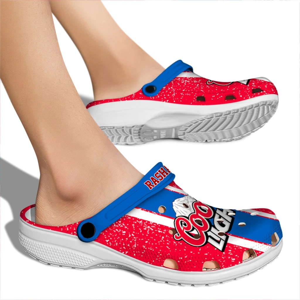 customized-coors-light-beer-logo-stripe-red-blue-clogs-fashion-forward-hey-clogs.webp
