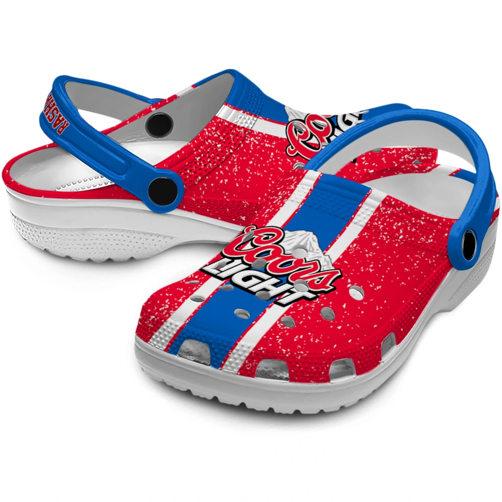 customized-coors-light-beer-logo-stripe-red-blue-clogs-high-quality-hey-clogs.webp