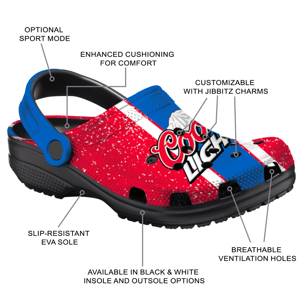 customized-coors-light-beer-logo-stripe-red-blue-clogs-new-arrival-hey-clogs.webp