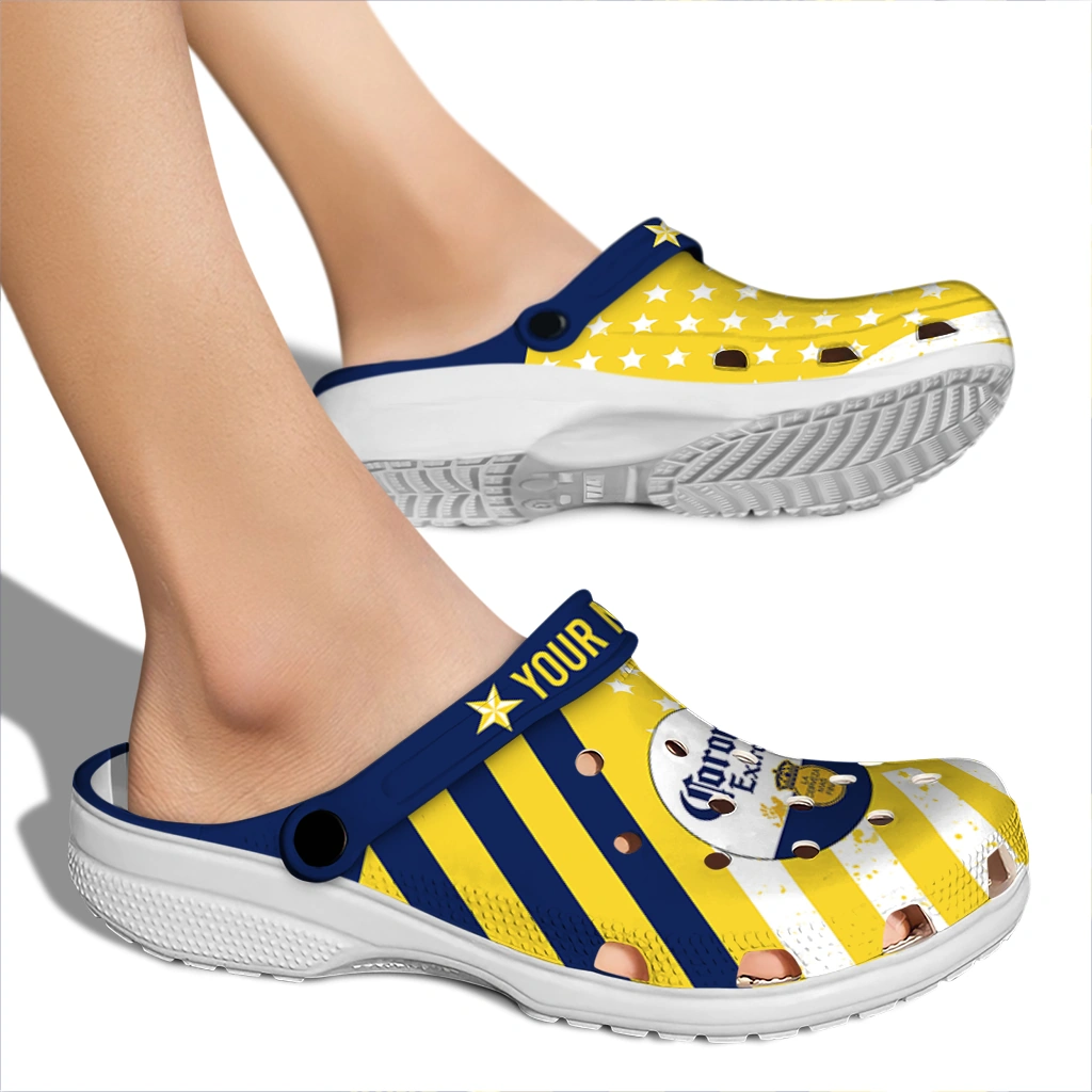 customized-corona-beer-stripes-navy-yellow-clogs-fashion-forward-hey-clogs.webp
