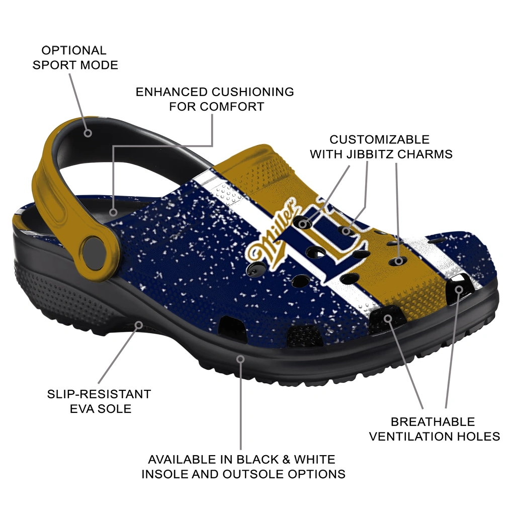 customized-miller-lite-ant-lettering-navy-gold-clogs-new-arrival-hey-clogs.webp