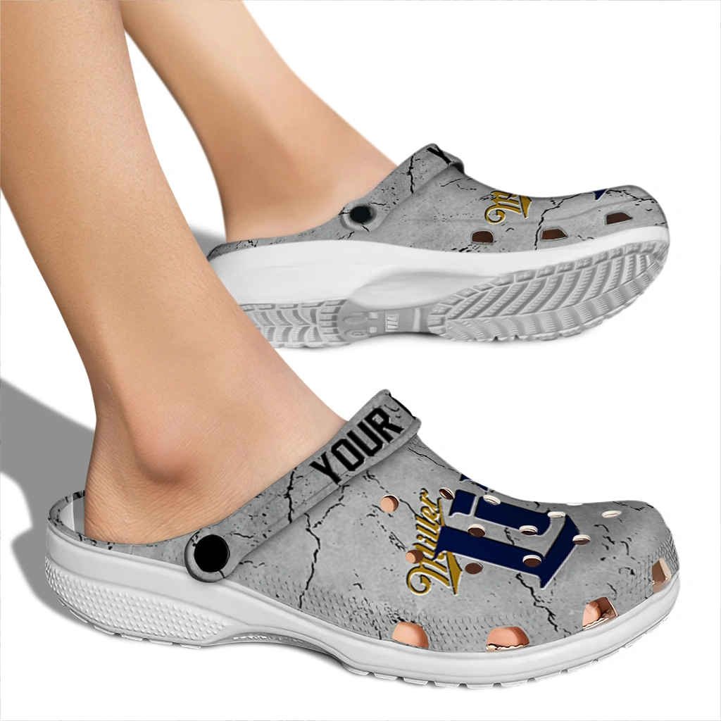 customized-miller-lite-script-accent-gray-black-clogs-fashion-forward-hey-clogs.webp