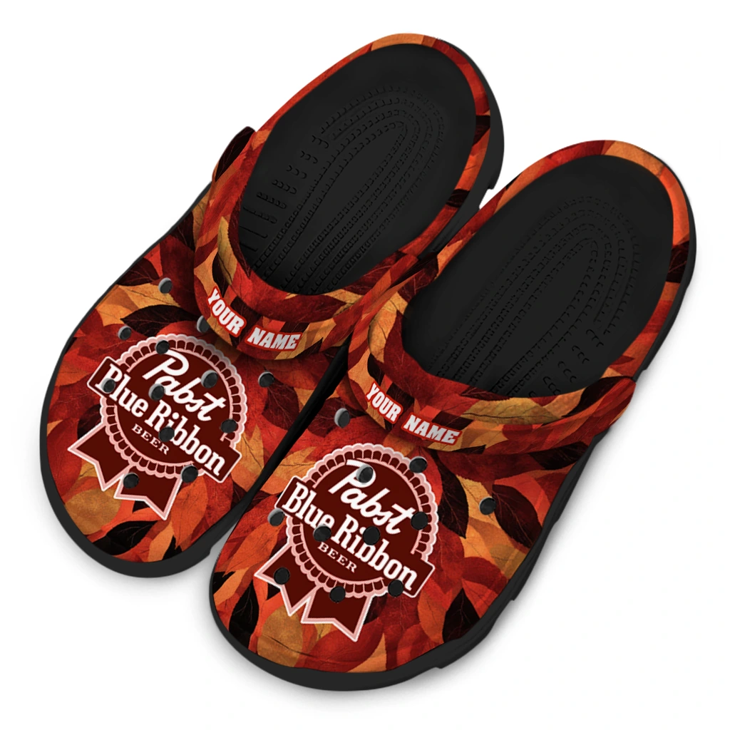 customized-pabst-blue-ribbon-leaves-red-orange-clogs-latest-model-hey-clogs.webp