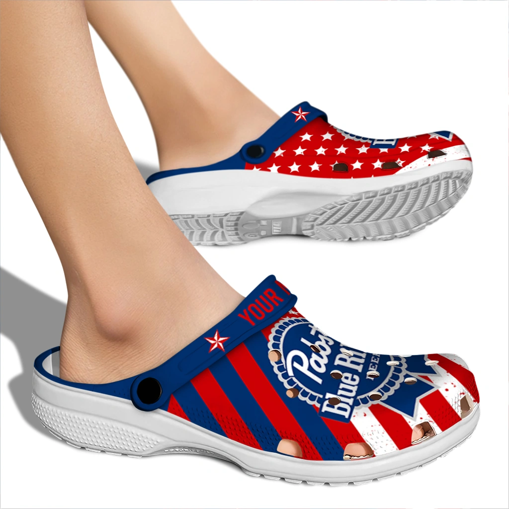 customized-pabst-blue-ribbon-stripes-red-blue-clogs-fashion-forward-hey-clogs.webp