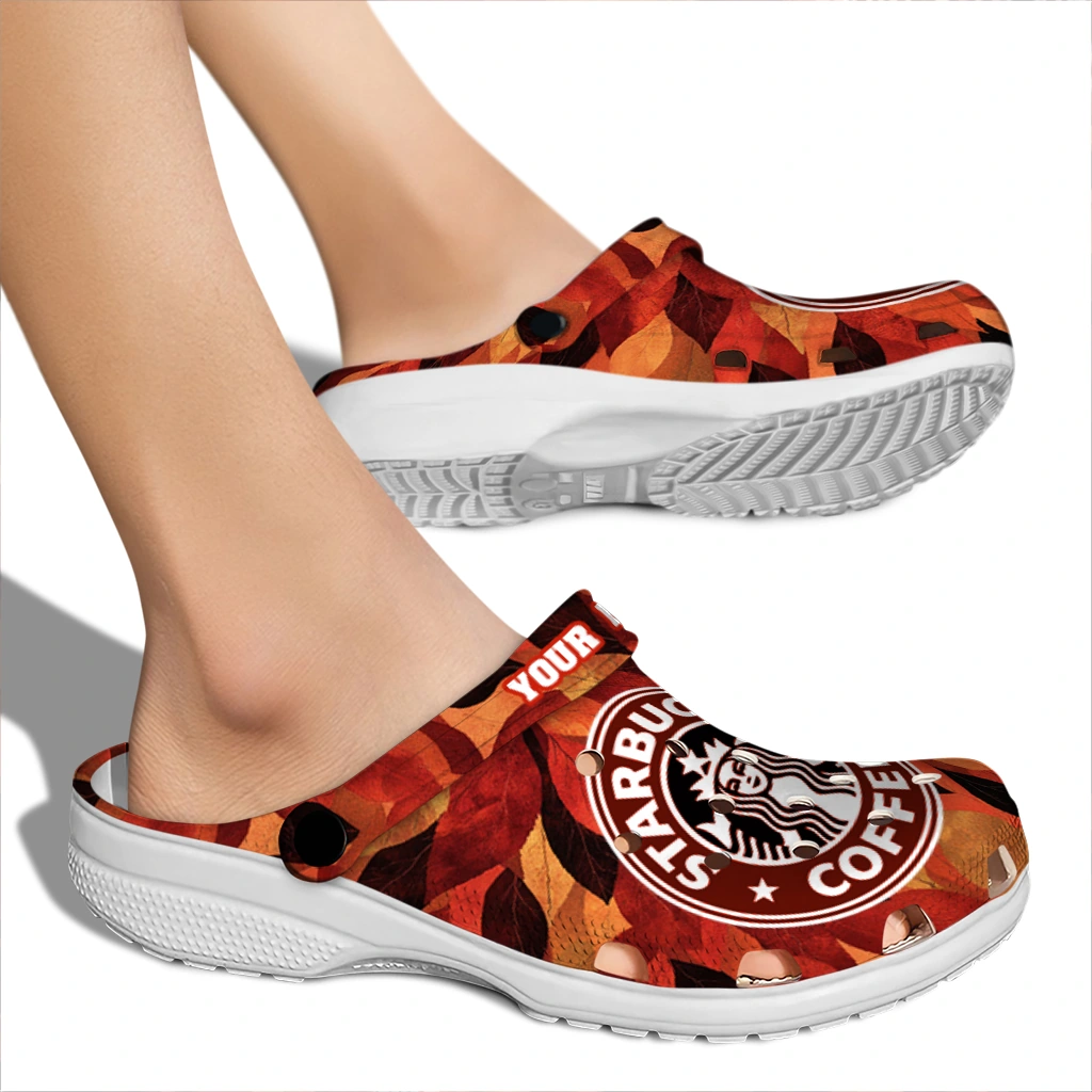 customized-starbucks-autumn-leaves-red-brown-clogs-fashion-forward-hey-clogs.webp