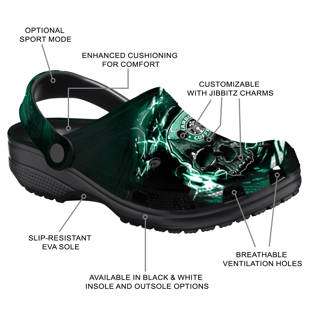 customized-starbucks-skull-surge-black-green-clogs-new-arrival-hey-clogs.webp