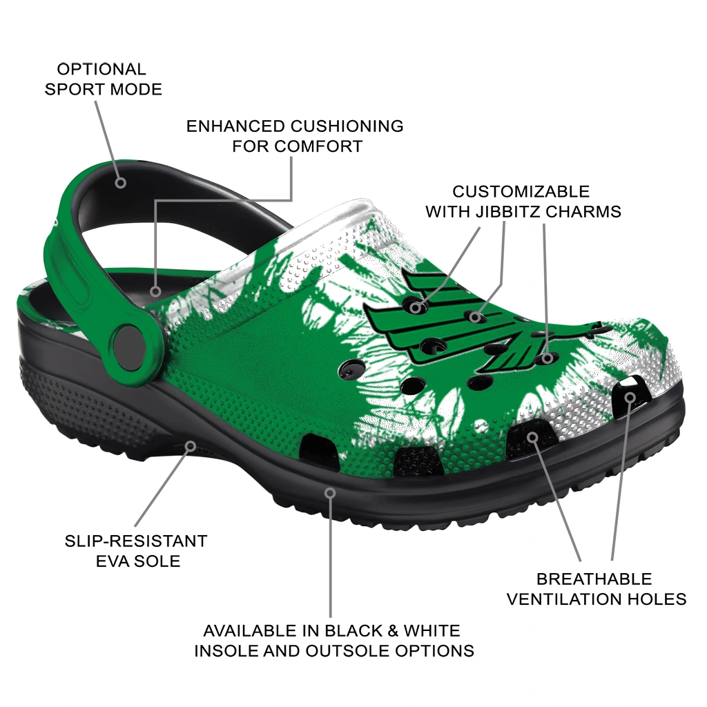 north-texas-mean-green-splatter-graphics-clogs-new-arrival