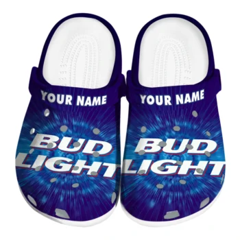 Personalized Bud light Flash Burst Blue White Clogs
