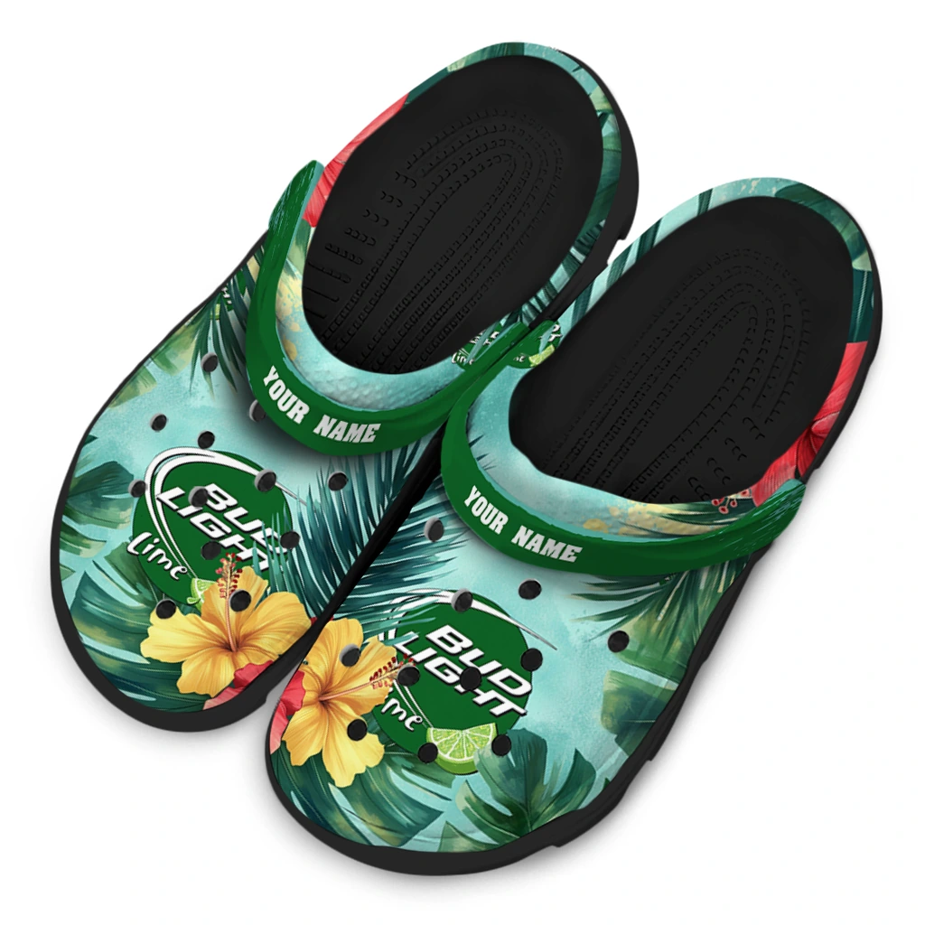 personalized-bud-light-hibiscus-paradise-green-red-clogs-latest-model-hey-clogs.webp