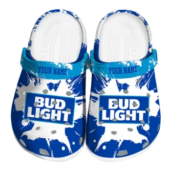 Personalized Bud light Ink Burst Blue White Clogs
