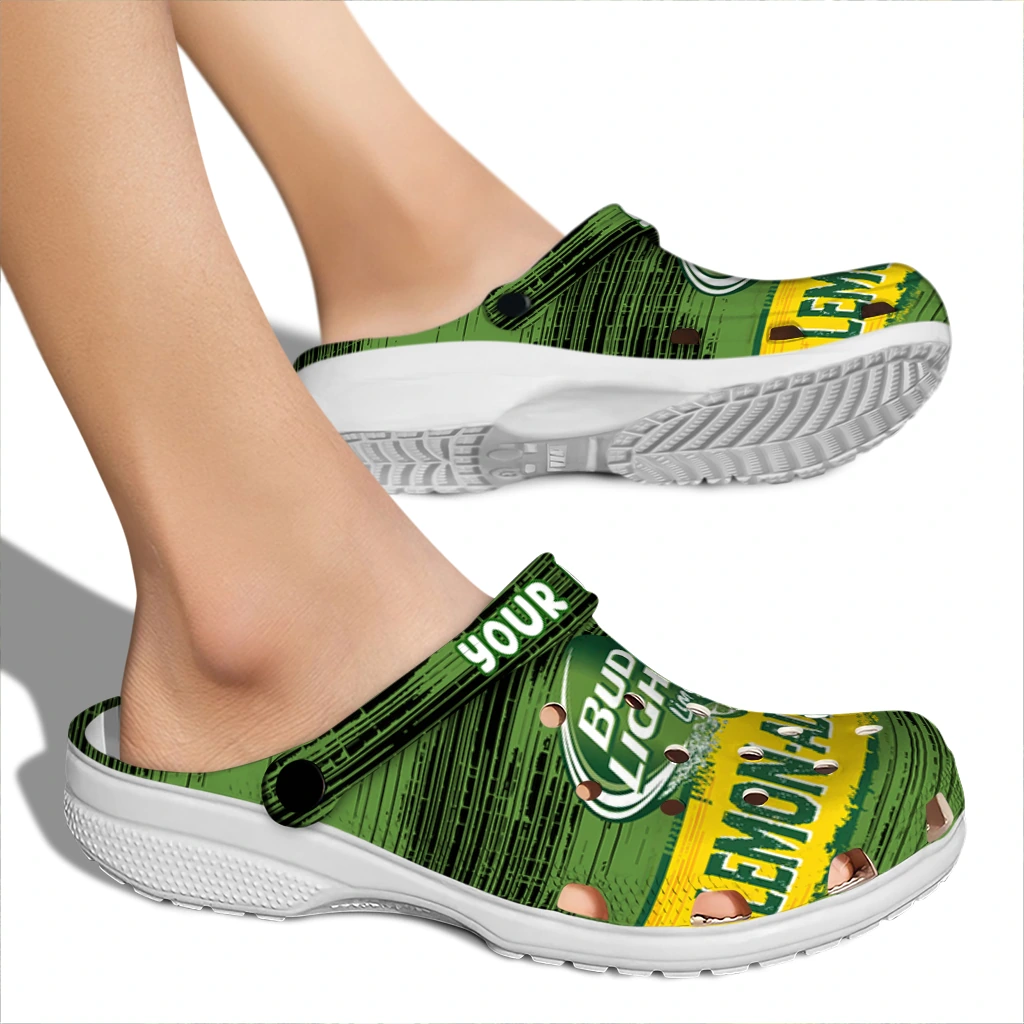 personalized-bud-light-lemonade-rita-green-yellow-clogs-fashion-forward-hey-clogs.webp