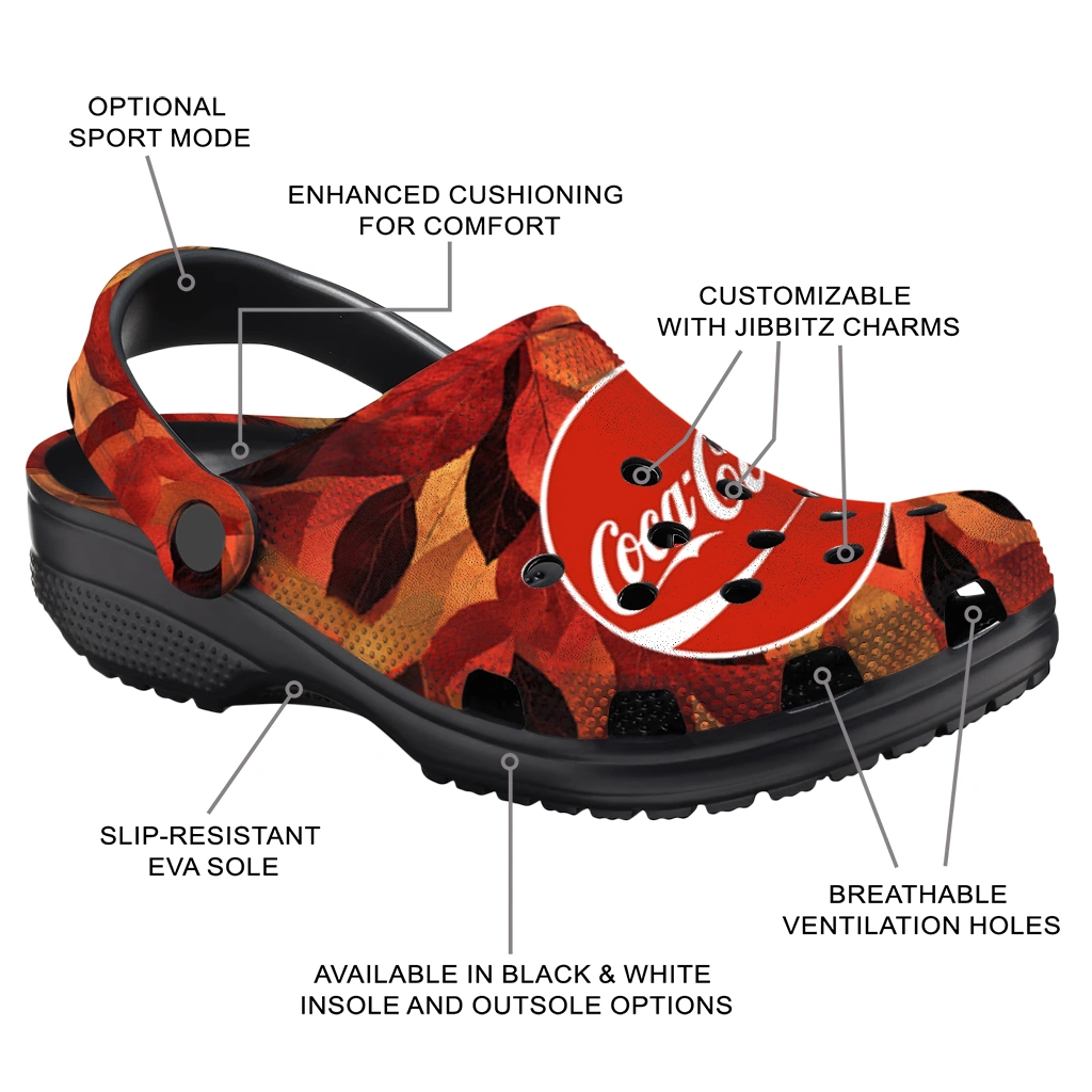 personalized-coca-cola-autumn-leaves-red-orange-clogs-new-arrival-hey-clogs.webp