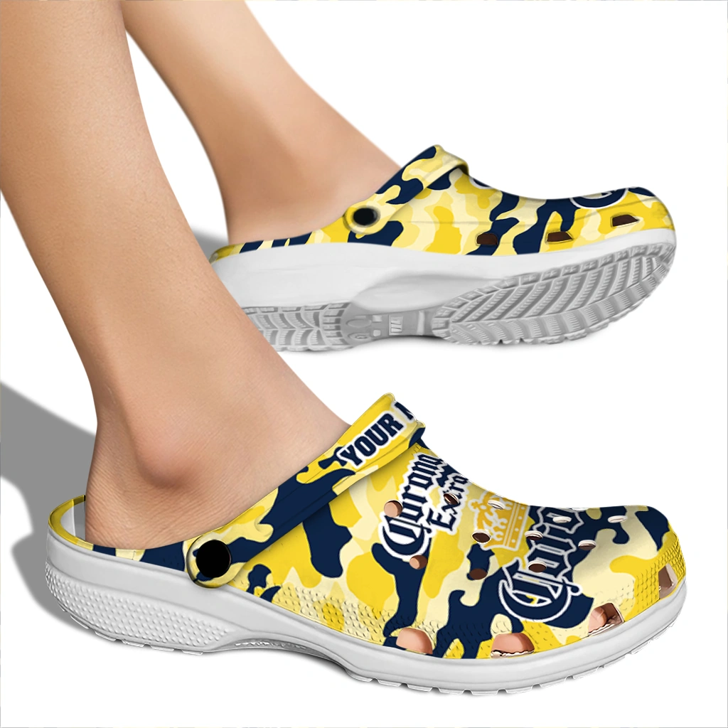 personalized-corona-beer-camou-crown-yellow-navy-clogs-fashion-forward-hey-clogs.webp
