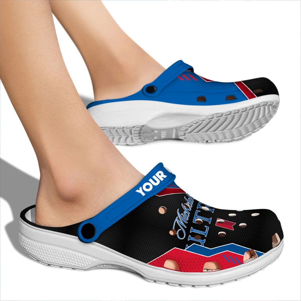 personalized-michelob-ultra-strikes-black-blue-clogs-fashion-forward-hey-clogs.webp